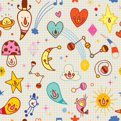 cartoon characters seamless pattern with note book paper background