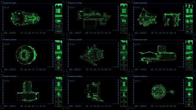 Looping nine-panel wireframe display of modular elements with related readouts and indicators.
