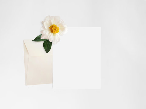 Styled stock photo. Feminine digital product mockup with peony flower, blank list of paper, envelope and white background. Flat lay, top view. Picture for blog or social media.