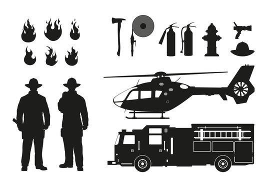 Black silhouette of firefighters and fire fighting equipment on white background. Helicopter and firemans car. Icons of flame and items
