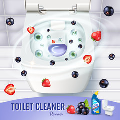 Berry fragrance toilet cleaner gel ads. Vector realistic Illustration with top view of toilet bowl and disinfectant container. Poster.