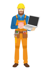 Worker with piggy bank and laptop noteboo