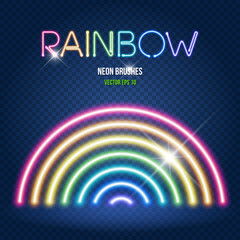 Glowing neon lights brushes in rainbow colors on dark transparent background. Easy to change global colors, brushes placed in Brushes Panel and can be used for custom project, Vector EPS 10