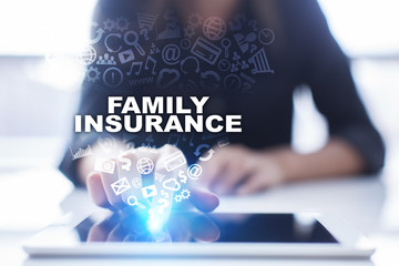 Woman is using tablet pc, pressing on virtual screen and selecting family insurance.