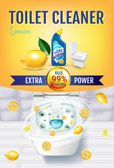 Citrus fragrance toilet cleaner gel ads. Vector realistic Illustration with top view of toilet bowl and disinfectant container. Vertical poster.