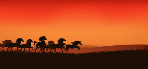 herd of running wild horses - editable vector illustration
