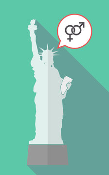 Long shadow statue of liberty with  an interlaced female an male sexual signs