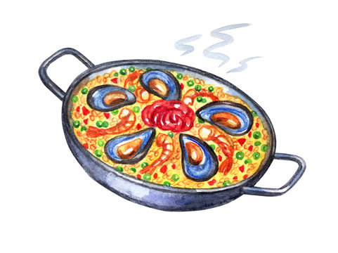 Spanish dish of paella, watercolor drawing on white background.