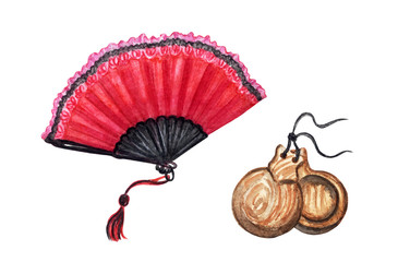 Spanish fan and castanets, accessories for flamenco, watercolor drawing on a white background. - obrazy, fototapety, plakaty