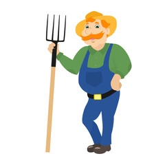 Vector cartoon farmer standing with pitchforks