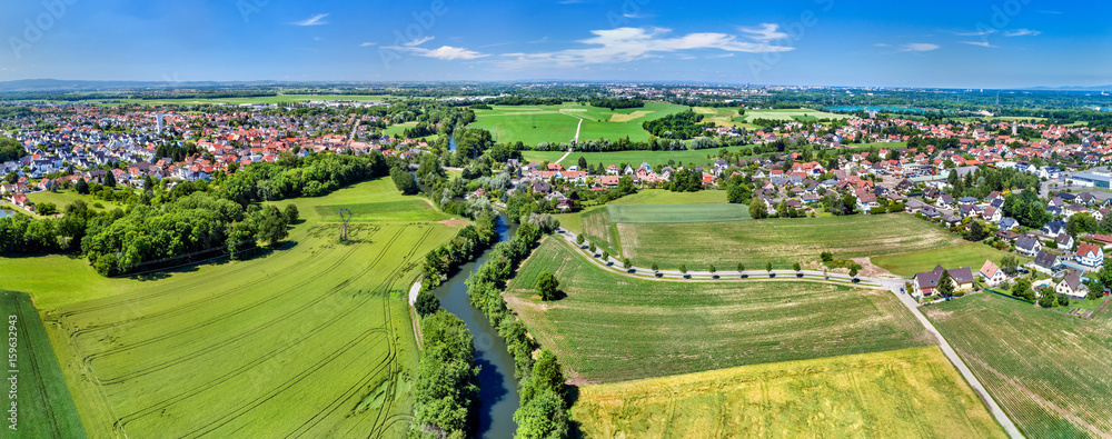 Poster Aerial panorama of the Ill river between Fegersheim and Eschau near Strasbourg - Grand Est, France