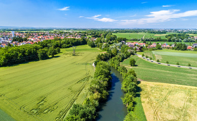 Fototapeta na wymiar Aerial panorama of the Ill river between Fegersheim and Eschau near Strasbourg - Grand Est, France