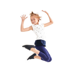 Cute teenage girl jumping on white background