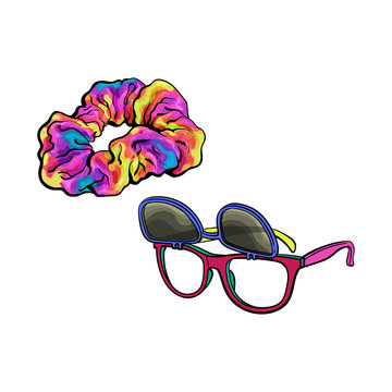 Personal items from 90s - wayfarer sunglasses with removable lenses and scrunchie hair tie, sketch vector illustration isolated on white background. Retro sunglasses and fabric covered hair band