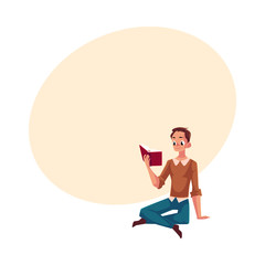 Young man, boy reading book sitting on the floor, cartoon vector illustration with space for text. Full length portrait of man, guy sitting, holding a book, reading