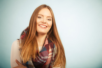 Woman wearing woolen checked scarf warm autumn clothing