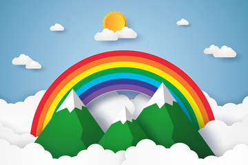 Rainbow and mountains on blue sky with cloud , paper art style