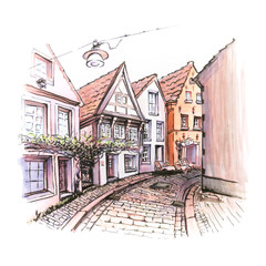 Scenic city view of typical narrow German street in the district of Schnoor in the medieval center of the city of Bremen, Germany. Picture made markers - obrazy, fototapety, plakaty