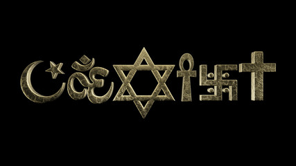 religion symbols coexist on black background