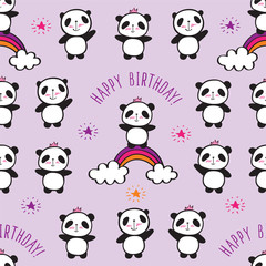 Seamless pattern with cute pandas and rainbows for children's textiles, wallpapers, gift wraps and scrapbook. Happy birthday. Vector.