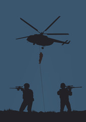 Illustration, the soldiers going to attack and helicopters.
