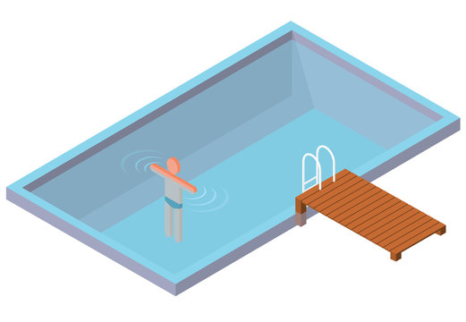 Isometric swimming pool with swimmer on white background. Home-made pool with clean water. Wooden mist with steps in water. Garden summer idyll. Pictogram 3d element. Isolated master vector.