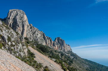 Fototapeta na wymiar View of peaks of Sierra de Bernia mountains range, near Benidorm, Spain.