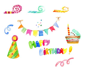 Obraz premium Birthday hand painted watercolor illustration, party clip art, set, clipart, flags, bunting, hat, confetti, cake, candle, holiday, celebration