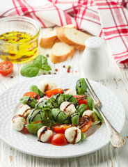 Traditional Italian Caprese salad with mozzarella, cherry tomatoes, Basil and balsamic vinegar in a white plate on the table. Selective focus