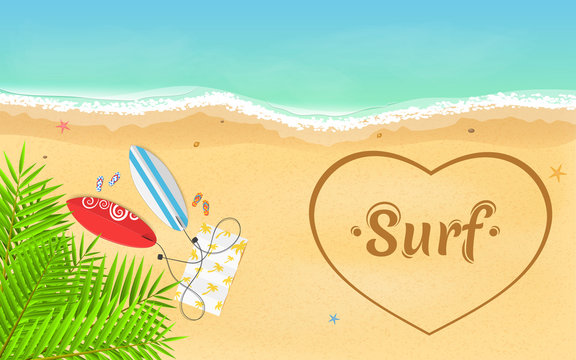 I love surfing. Leaves of a palm tree. On the beach there are surfboards and slippers with a towel. Heart painted on a sandy beach. Time for rest and sports. Vector illustration
