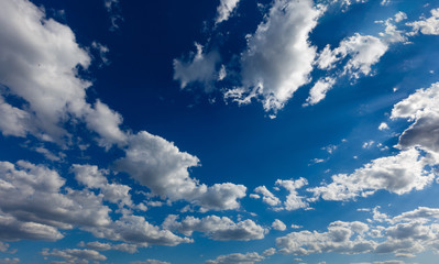 Beautiful blue sky with white clouds. Wide angle view.