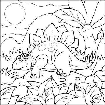 Cartoon cute stegosaurus, coloring book