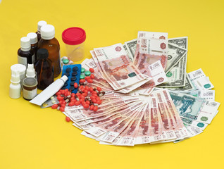 Collage. Drugs and cash are on a yellow background.