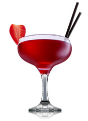 fresh fruit alcohol cocktail or mocktail in margarita glass with red beverage isolated on white background