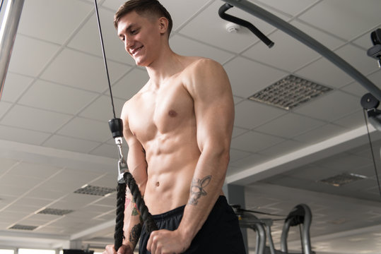 Young Man Exercising Triceps In The Gym