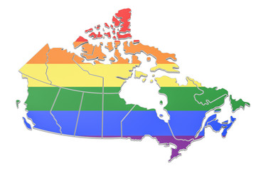Obraz premium Canadian map with LGBT flag, 3D rendering