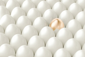 Golden egg among white eggs, leader and success concept. 3D rendering