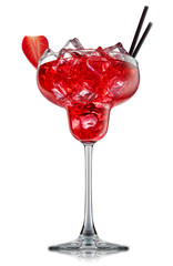 fresh fruit alcohol cocktail or mocktail in margarita glass with red beverage and ice cubes isolated on white background