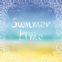 Summer banner with handwritten text, sea and beach. Summer banner with decor