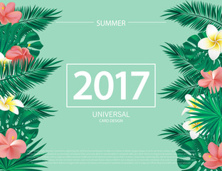 Trendy summer banner, poster with tropical flowers, plants and leaves . Vector universal background with place for text.