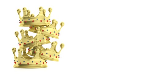 Golden crowns stacked on white background. 3d illustration