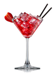 fresh fruit alcohol cocktail or mocktail in martini glass with red beverage and ice cubes isolated on white background