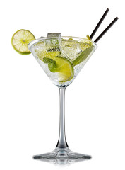 fresh fruit alcohol cocktail or mocktail in martini glass with ice cubes, lime and mint isolated on white background