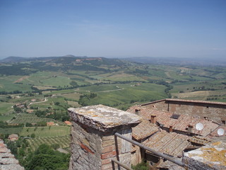 Fototapeta na wymiar Dächer mit Hügellandschaft in Italien