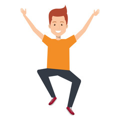 young man celebrating with hands up vector illustration design