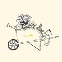 My garden. Garden cart. Vintage style. Vector illustration