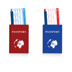 passport in red and blue color with air ticket set illustration