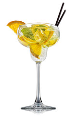 fresh fruit alcohol cocktail or mocktail in margarita glass with ice cubes, orange and mint isolated on white background