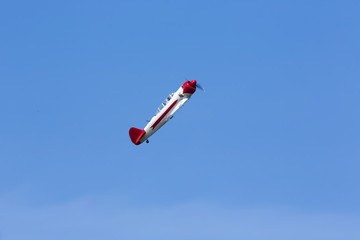 Historical airplane doing manoeuvres in the sky. Veteran pilot with a veteran plane against a blue sky. Copy space.