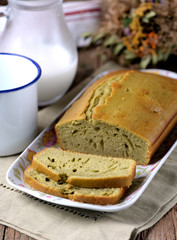 Homemade cake on milk, eggs and matcha tea.